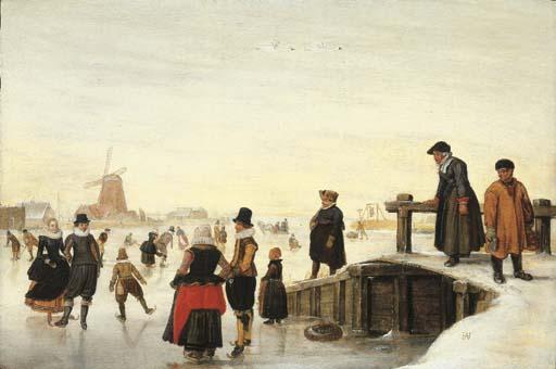 Hendrick Avercamp - A winter landscape with elegant company skating on a frozen waterway