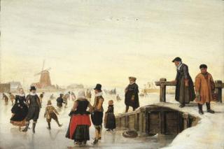 Hendrick Avercamp - A winter landscape with elegant company skating on a frozen waterway
