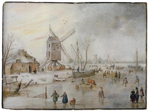 Hendrick Avercamp - A Winter Landscape With Figures On A Frozen River Near A Windmill