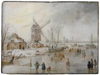 Hendrick Avercamp - A Winter Landscape With Figures On A Frozen River Near A Windmill