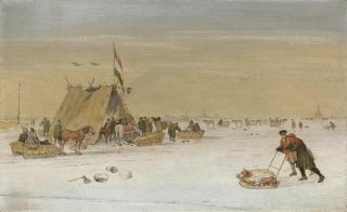 Hendrick Avercamp - A winter landscape with figures on the ice by a koek-en-zopie tent