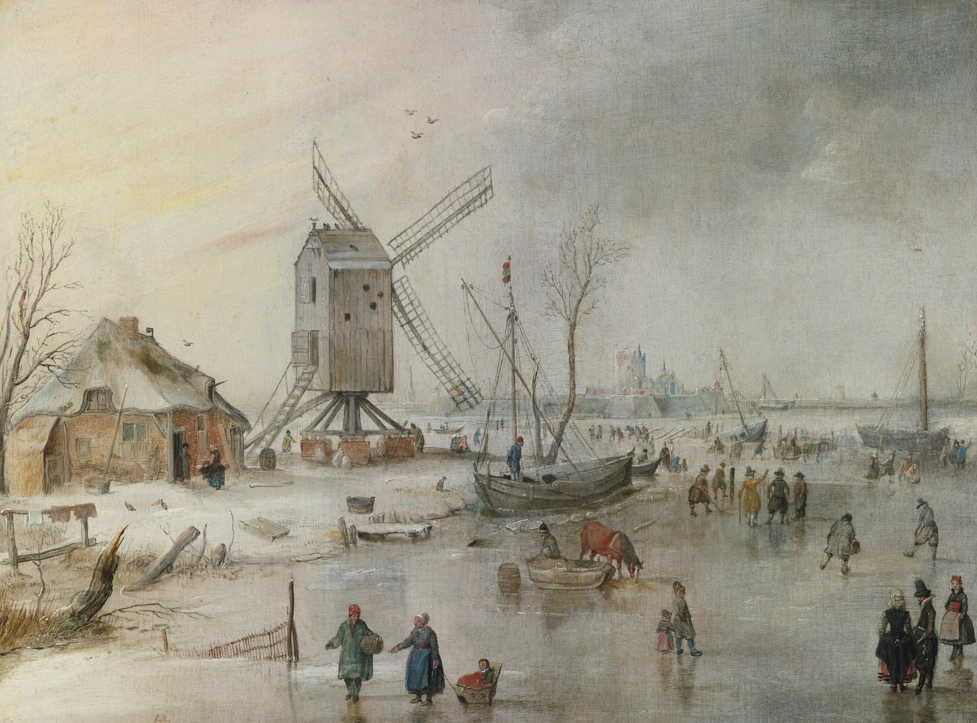 Hendrick Avercamp - A Winter Scene With A Windmill And Figures On A Frozen River