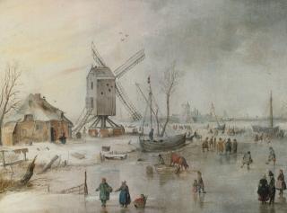 Hendrick Avercamp - A Winter Scene With A Windmill And Figures On A Frozen River
