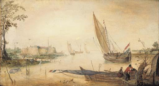 Hendrick Avercamp - An estuary with a moored fishing smack near a jetty