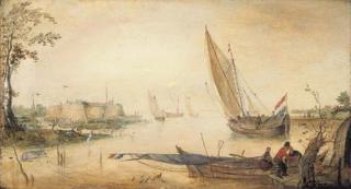 Hendrick Avercamp - An estuary with a moored fishing smack near a jetty