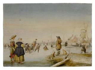 Hendrick Avercamp - Figures skating on a frozen lake with an elegant couple in the foreground