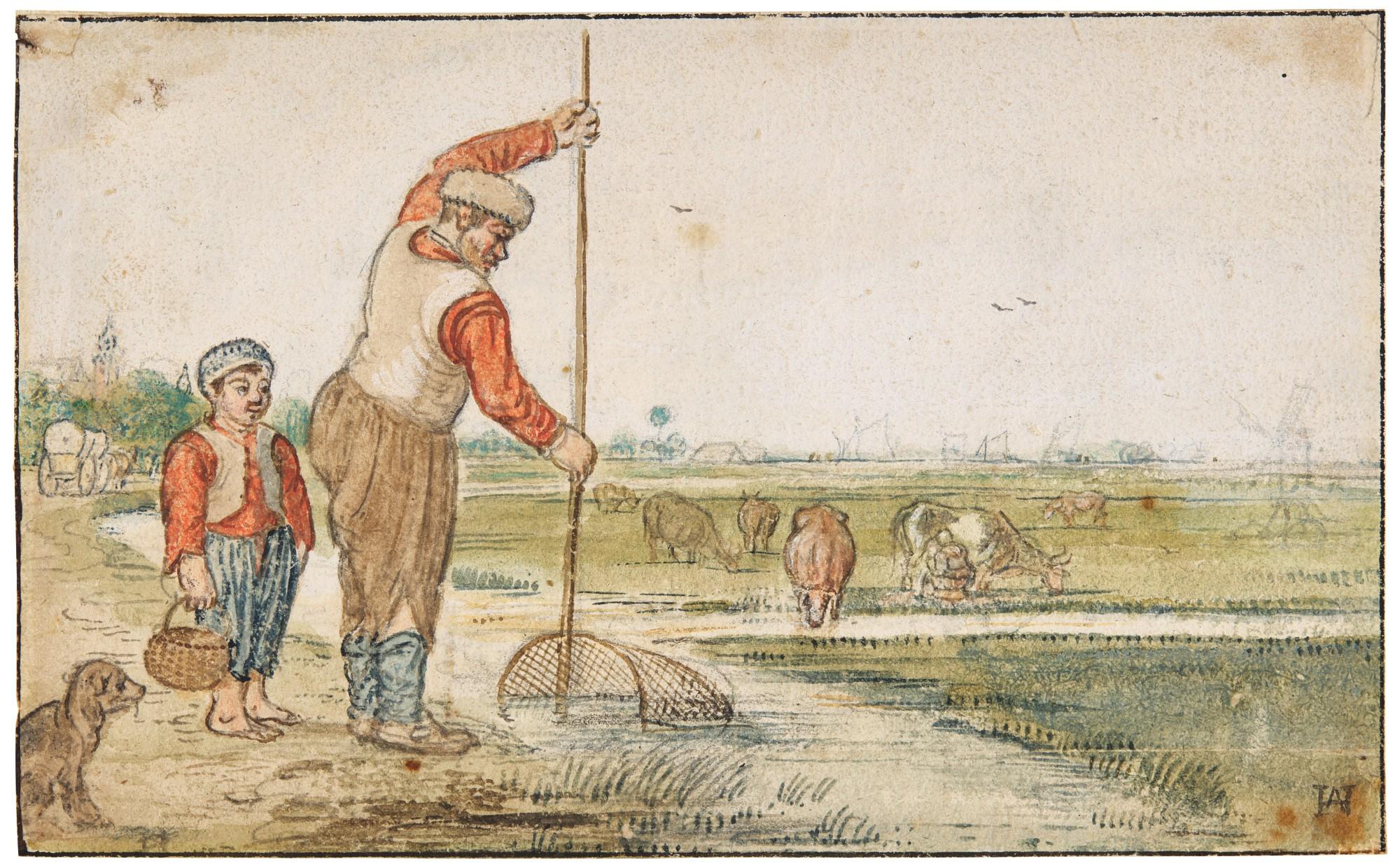 Hendrick Avercamp - River landscape with a man and boy fishing, cows and a village behind