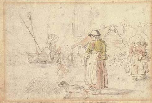 Hendrick Avercamp - Two woman and a dog on a river bank near a village