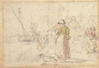 Hendrick Avercamp - Two woman and a dog on a river bank near a village