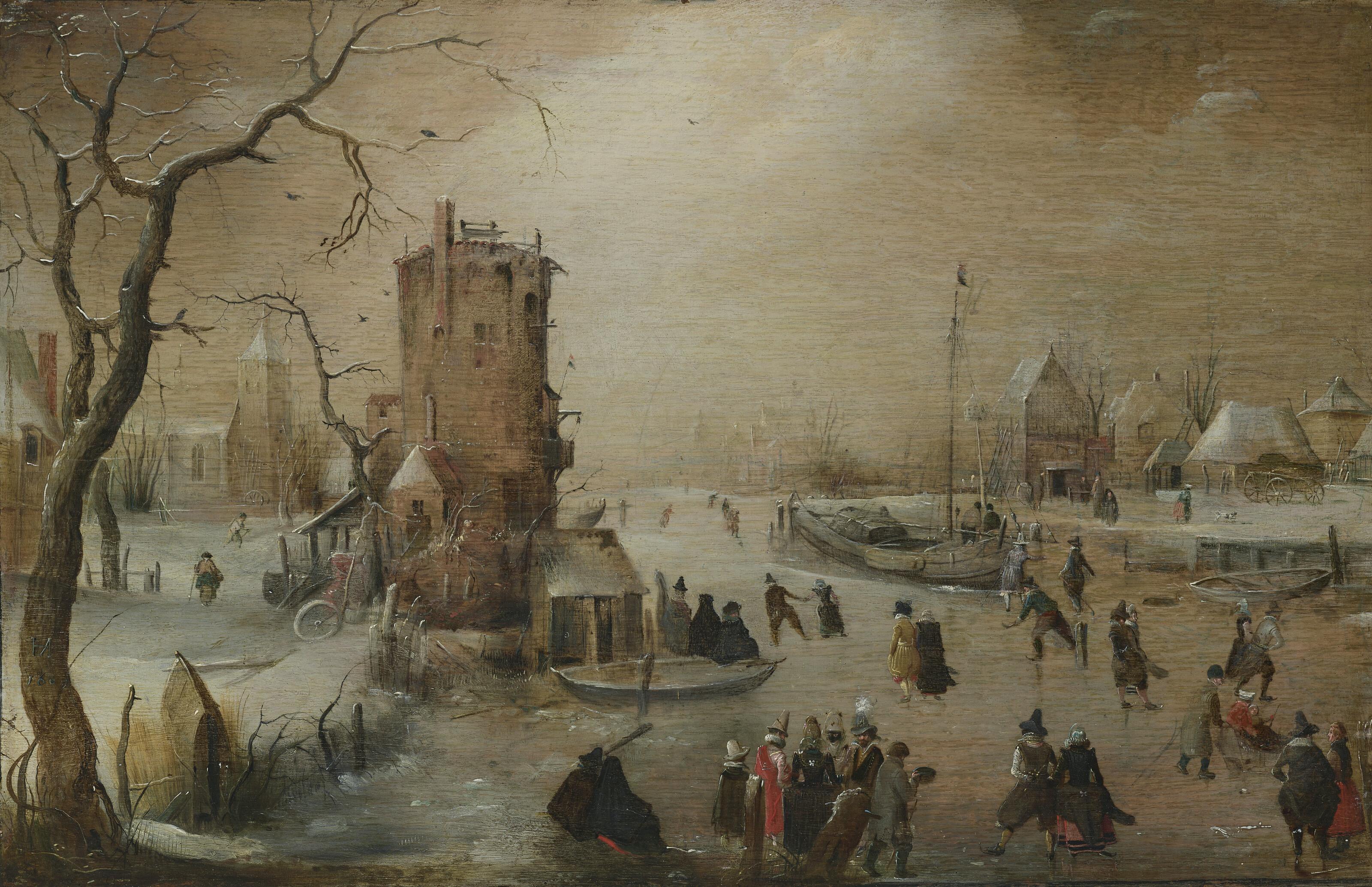 Hendrick Barentsz. Avercamp - A winter scene with skaters on a frozen river, a village beyond