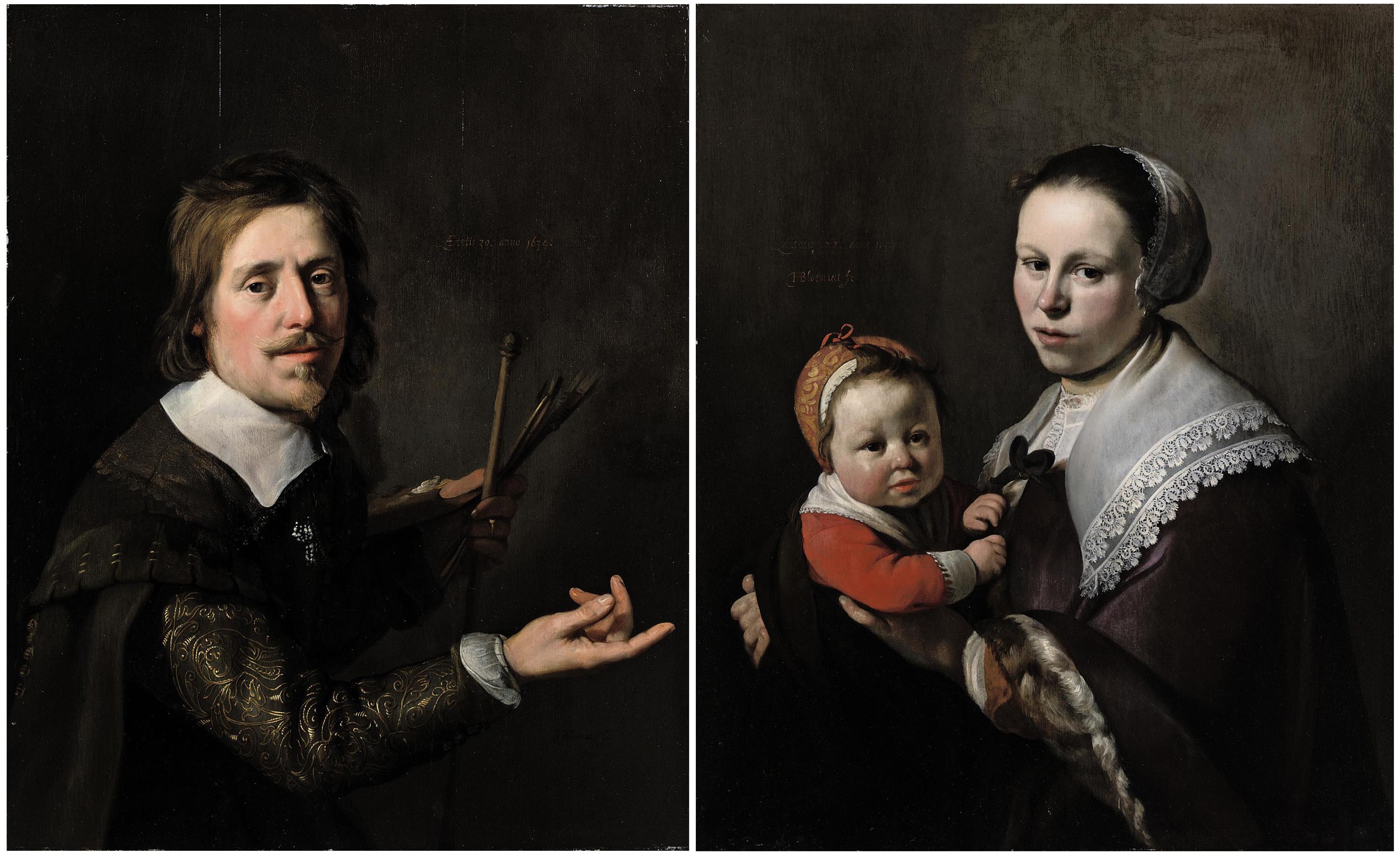 Hendrick Bloemaert - Portrait of Gijsbert Gillisz. de Hondecoutre (1604-1653), half-length, holding a palette and brushes; and Portrait of his wife Maria Hulstman, half-length, holding a child