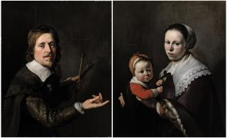 Hendrick Bloemaert - Portrait of Gijsbert Gillisz. de Hondecoutre (1604-1653), half-length, holding a palette and brushes; and Portrait of his wife Maria Hulstman, half-length, holding a child
