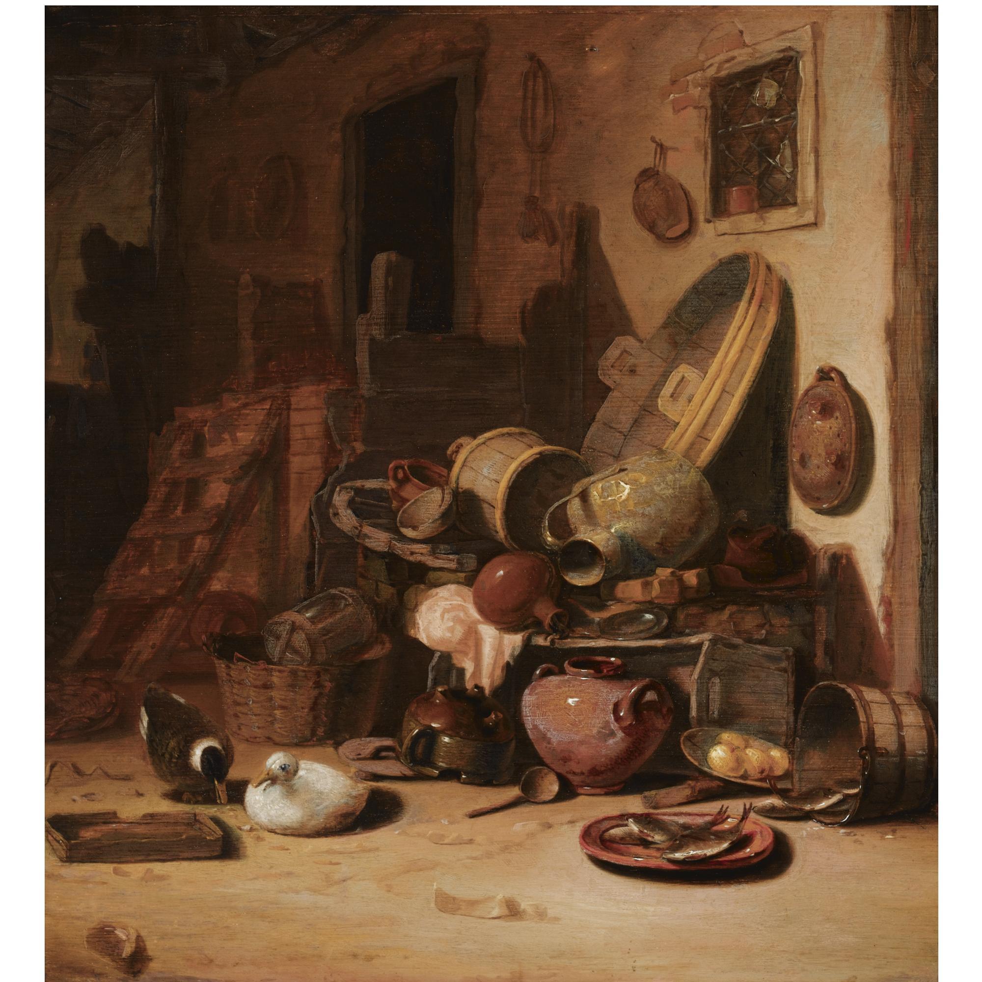 Hendrick Bogaert - A Still Life Of Earthenware Pots, Barrels, Baskets, Jugs, An Earthenware Plate With Fish, Together With Ducks, In A Barn