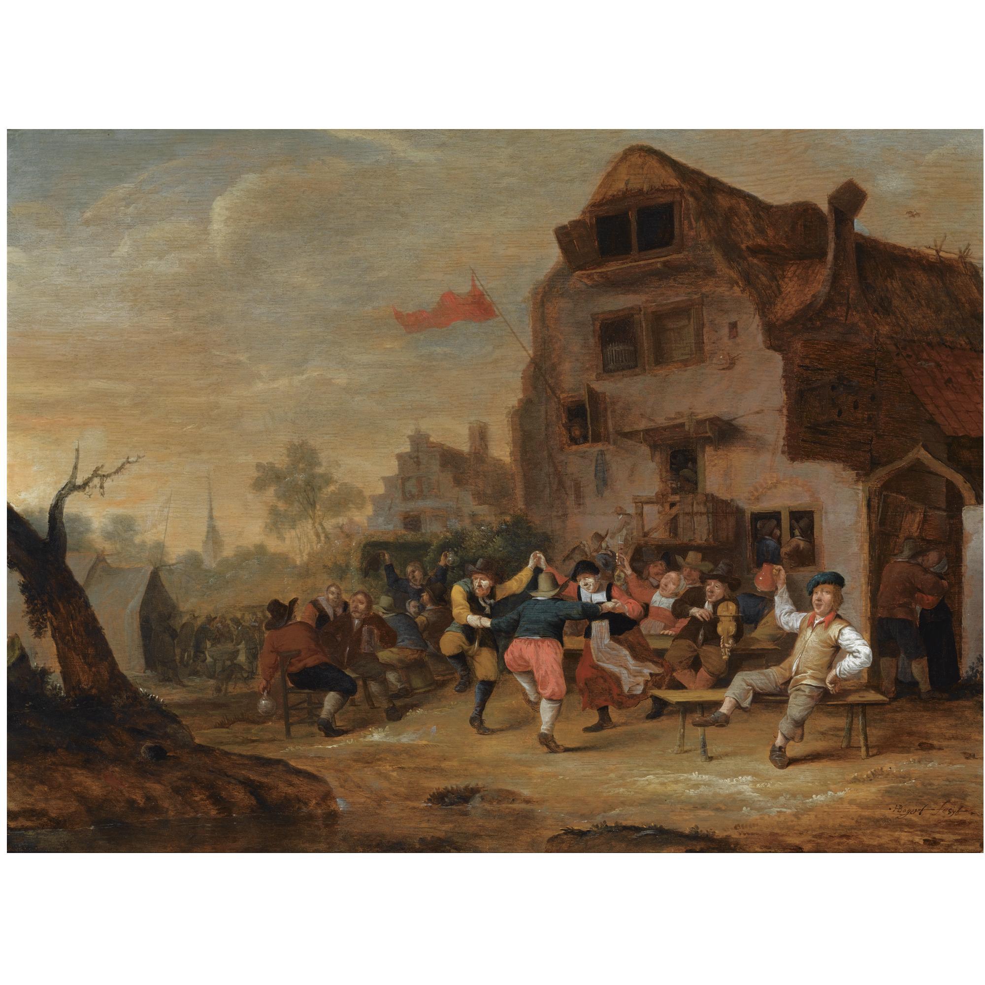 Hendrick Bogaert - Peasants Dancing And Drinking Outside An Inn, A Church Tower Beyond