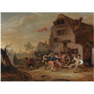 Hendrick Bogaert - Peasants Dancing And Drinking Outside An Inn, A Church Tower Beyond