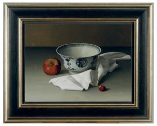 Hendrick Brandtsoen - Still life of a decorative porcelain bowl with an apple and cherry on a table