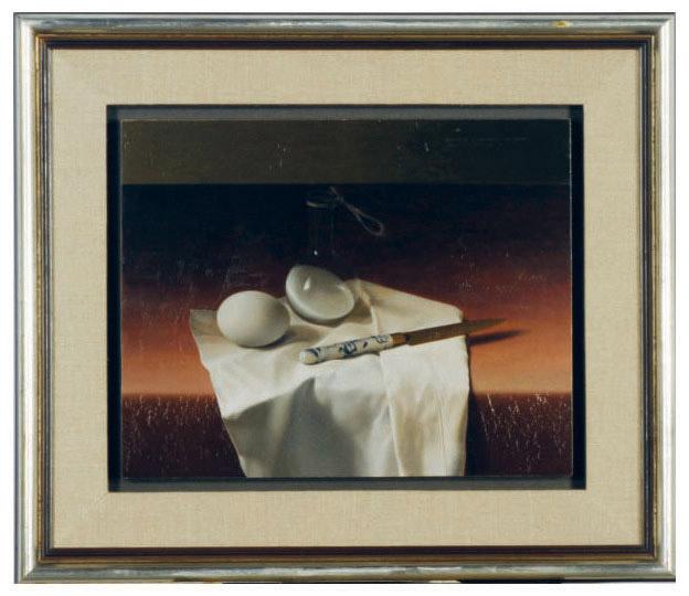 Hendrick Brandtsoen - Still life of a glass beaker with salt and an egg and knife on a table