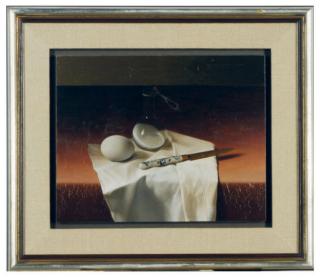 Hendrick Brandtsoen - Still life of a glass beaker with salt and an egg and knife on a table