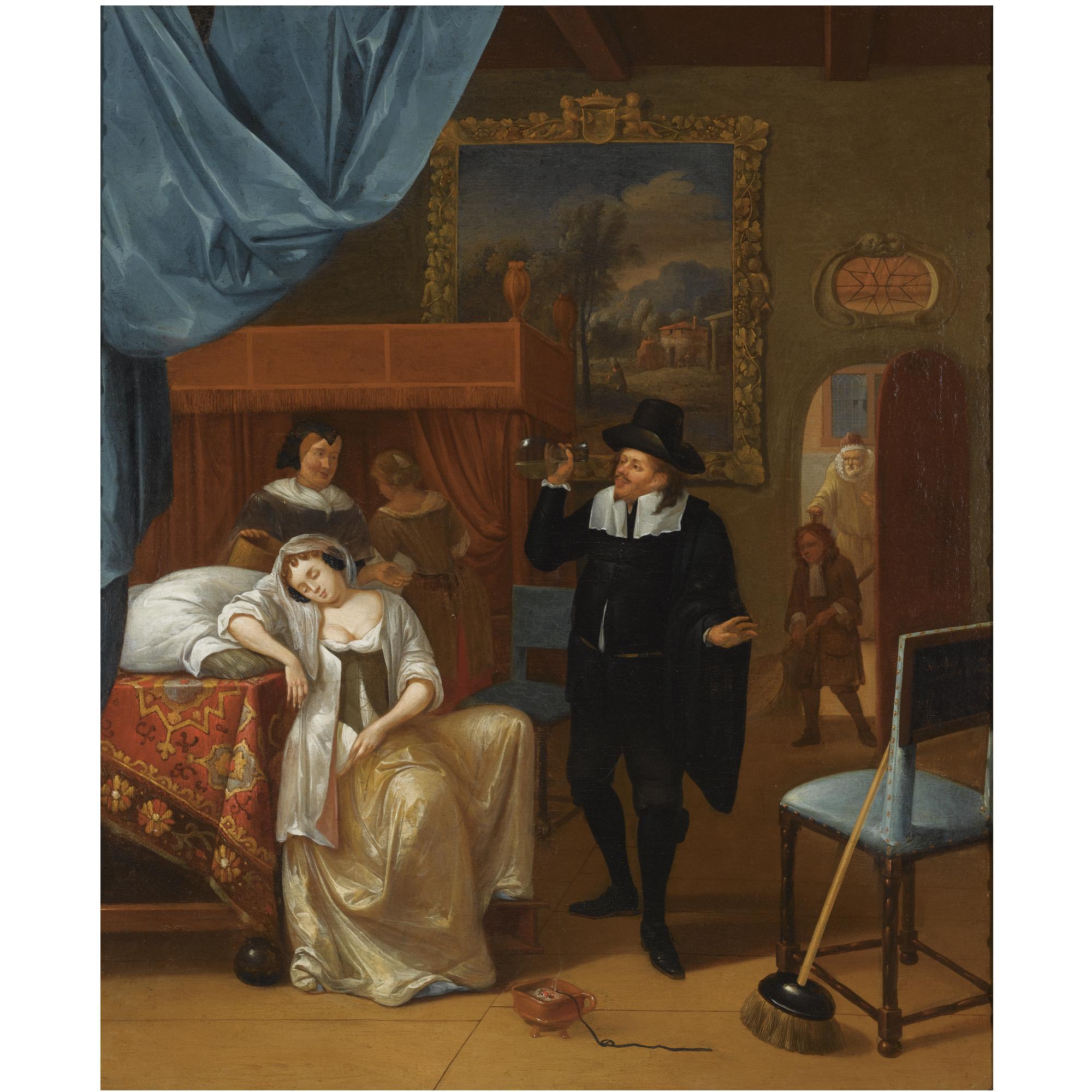 Hendrick Carré - A Bedroom Interior With An Ill Lady And A Doctor, Other Figures In The Background