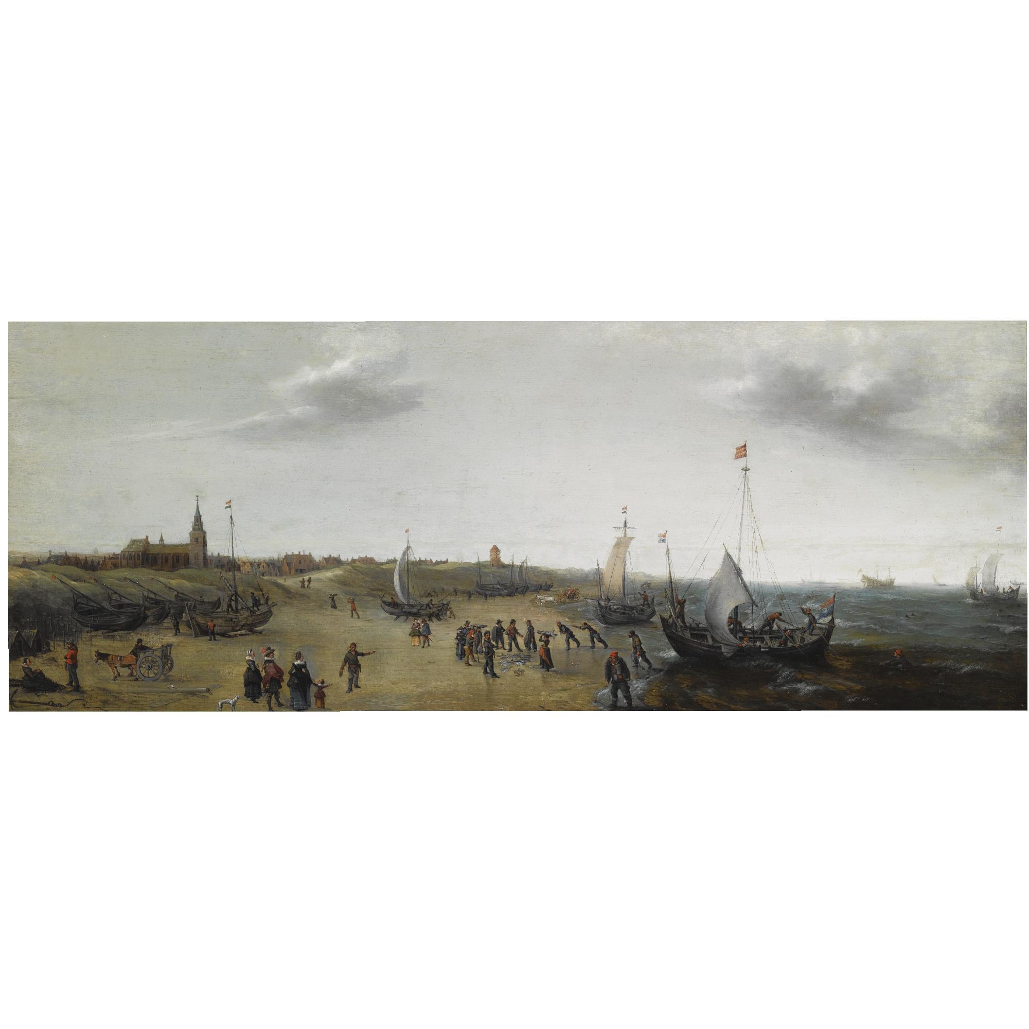 Hendrick Cornelisz. Vroom - A View Of The Beach At Scheveningen With Fishermen Unloading Their Catch, Elegant Figures Strolling Along The Beach