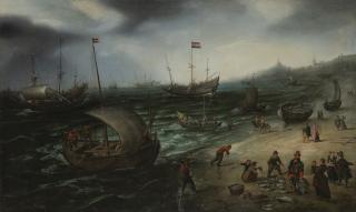 Hendrick Cornelisz. Vroom - The fishing fleet coming ashore at Scheveningen, their unloaded catch displayed for sale, and a whaler and a man o\' war in the offing