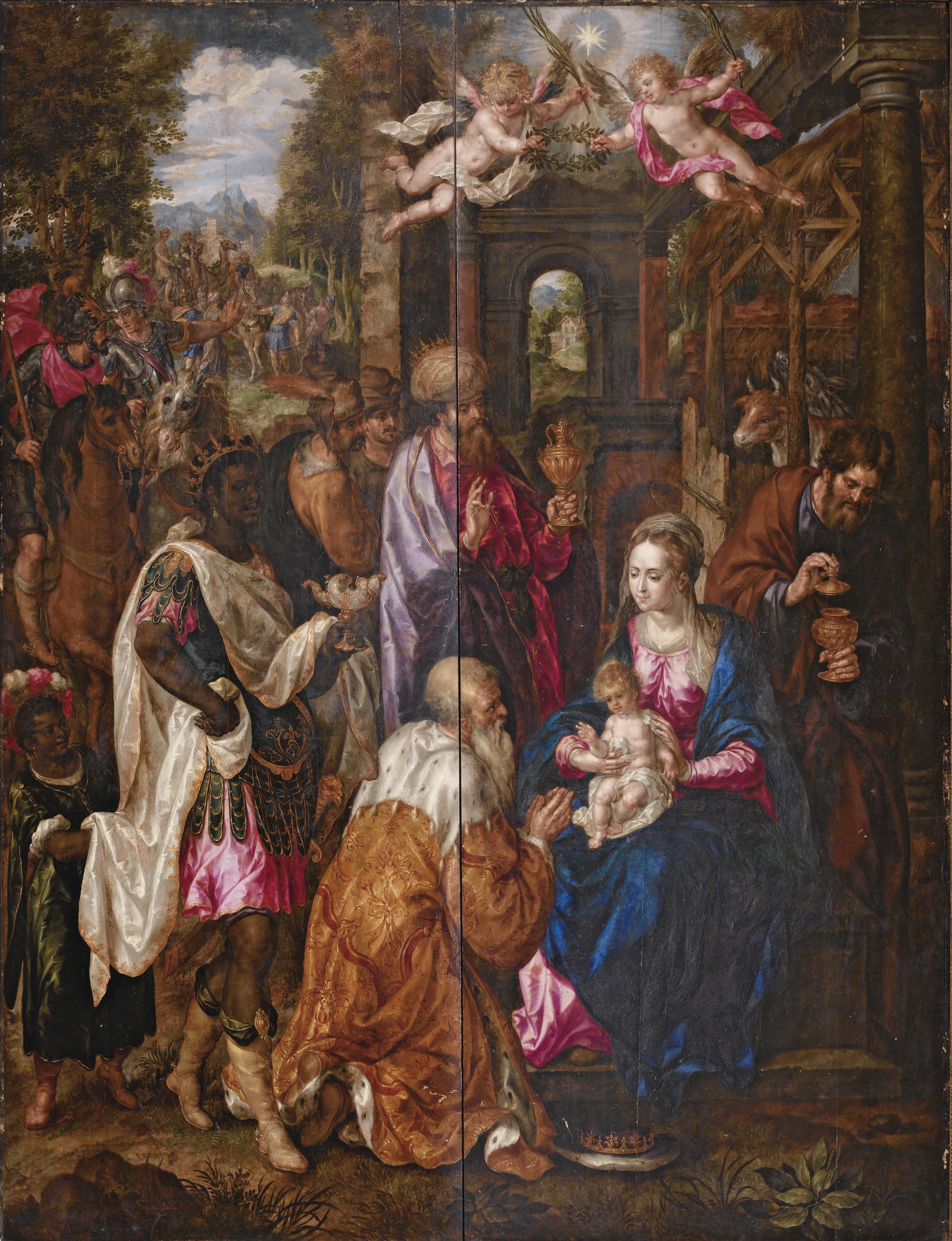 Hendrick De Clerk - L\'Adoration Des Mageshendrick De Clerk ; The Adoration Of The Magi ; Signed In Monogram And Dated Lower Right ; Oil On Panel Up Of Five Uncradled Planks