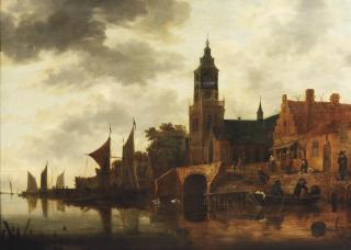 Hendrick de Meijer - A river landscape with figures outside an inn on the river bank