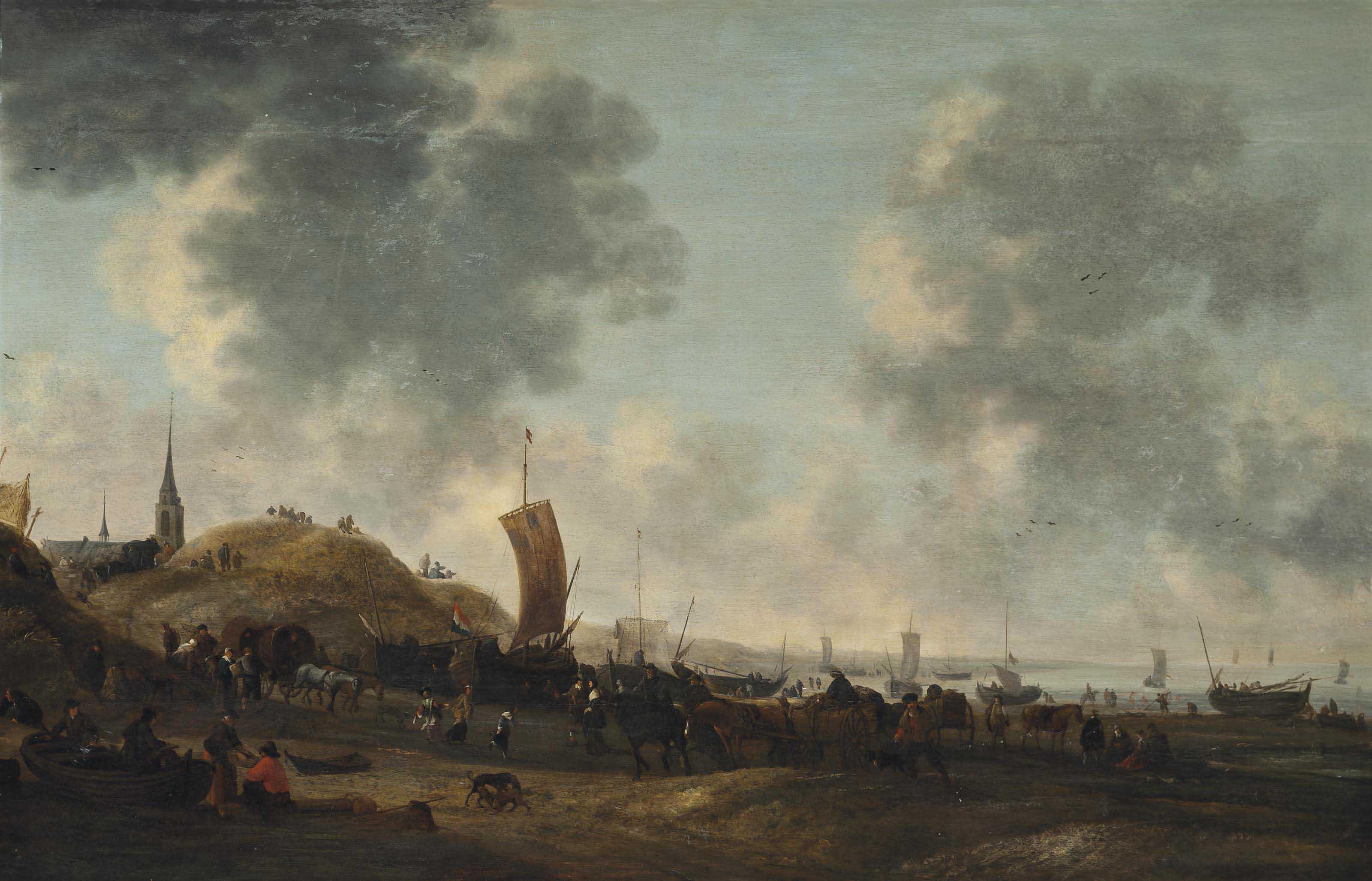 Hendrick De Meijer - A view of Scheveningen beach with figures, boats, wagons and horses