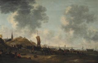 Hendrick De Meijer - A view of Scheveningen beach with figures, boats, wagons and horses