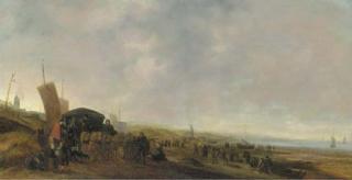 Hendrick de Meijer - Elegant Figures In A Horsedrawn Carriage With Fisherfolk On A Beach, Sailing Vessels Beyond