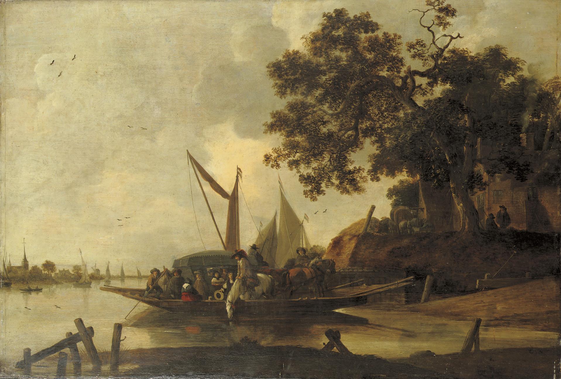Hendrick de Meyer - A ferry with a horse-drawn carriage crossing a river, sailing vessels and a village beyond