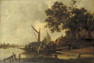 Hendrick de Meyer - A ferry with a horse-drawn carriage crossing a river, sailing vessels and a village beyond