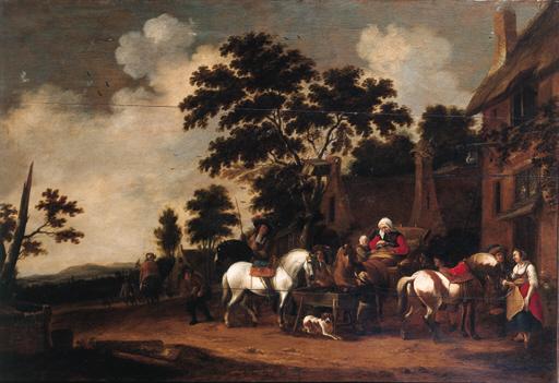 Hendrick De Meyer - Travellers halting outside the Swan inn