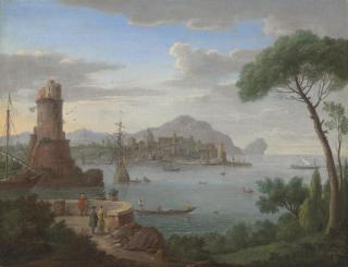 Hendrick Frans Van Lint - A Capriccio of A Coastal Town With Figures At A Viewing Point In The Foreground