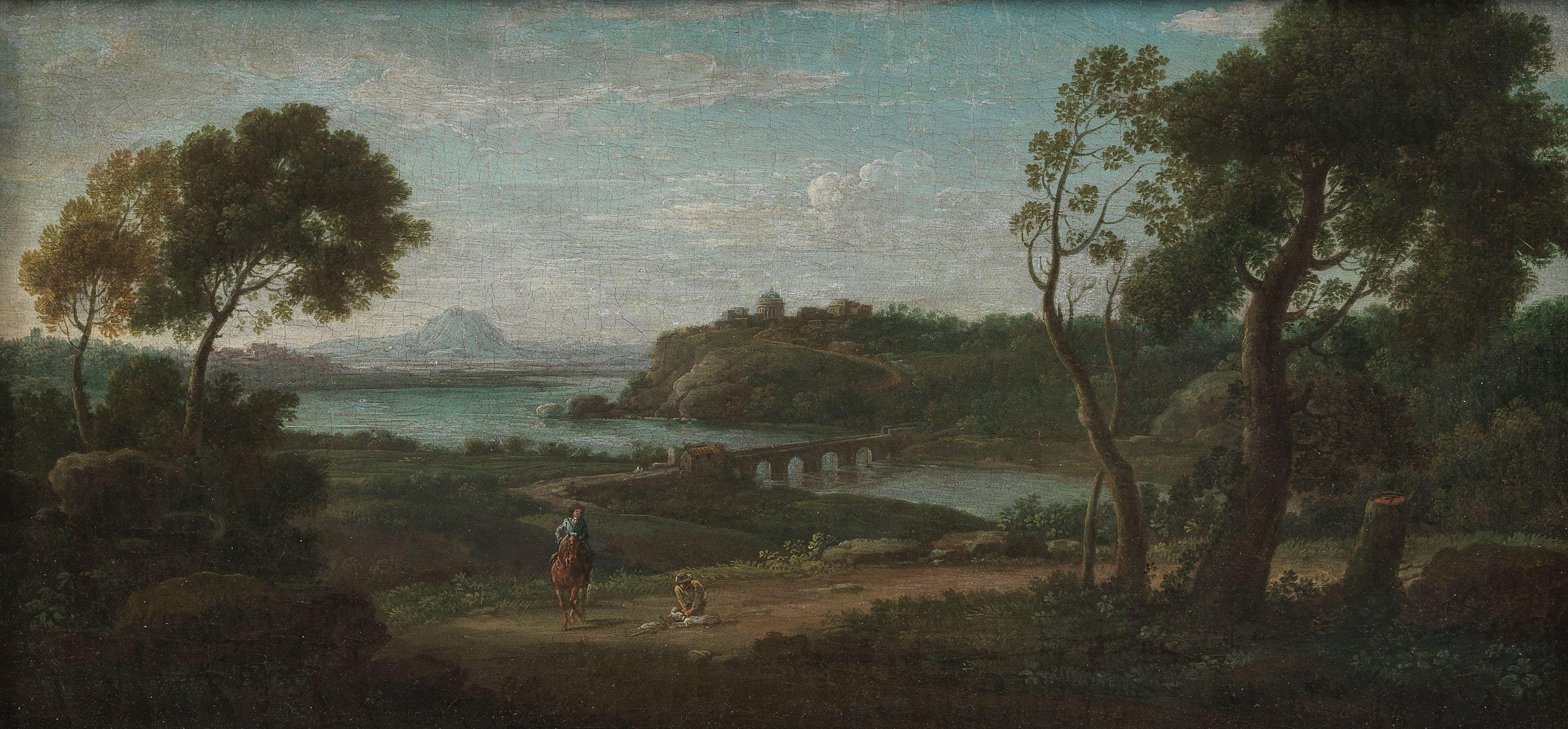 Hendrick Frans van Lint - An extensive river landscape with travellers on a country path