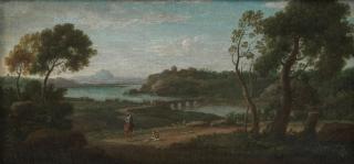 Hendrick Frans van Lint - An extensive river landscape with travellers on a country path