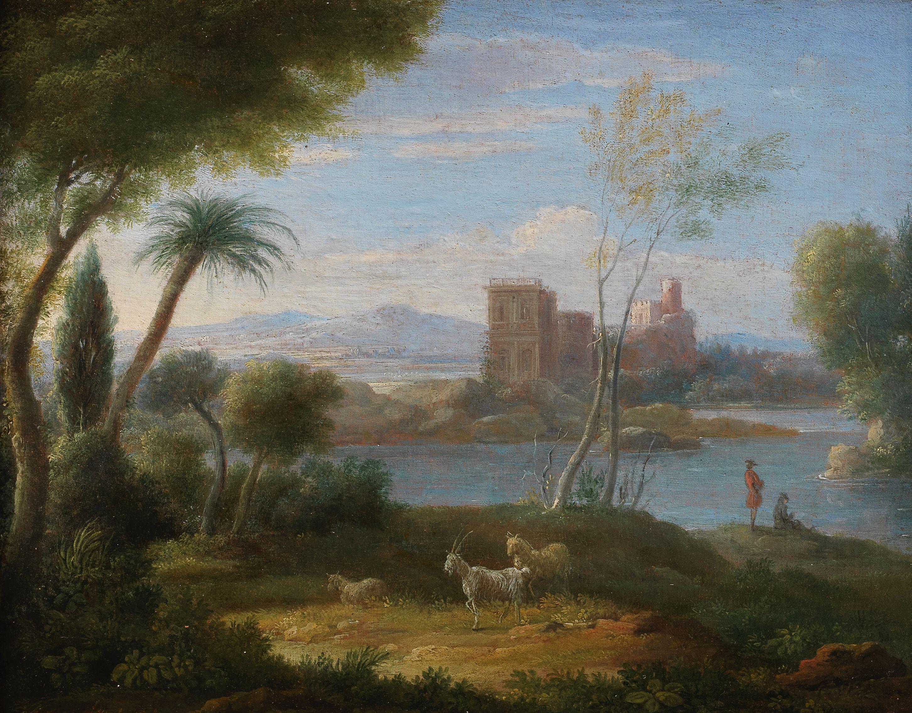 Hendrick Frans Van Lint - An Italianate landscape with figures on the banks of a river, a palace beyond