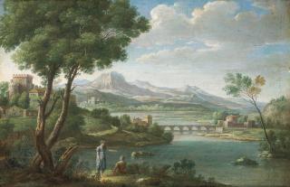 Hendrick Frans van Lint - An Italianate landscape with figures resting, a fortress, bridge and mountains beyond