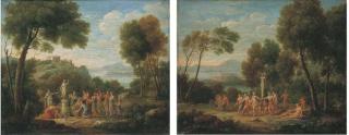 Hendrick Frans van Lint - Bacchantes Dansant Autour D\'Une Statue de Pan, Silène Au Fond; Et Cérémonie D\'Offrandes À Une Déesse