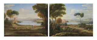 Hendrick Frans van Lint - The watermill or the Marriage of Isaac and Rebecca, and A classical river landscape with figures on a path and a palace in the distance