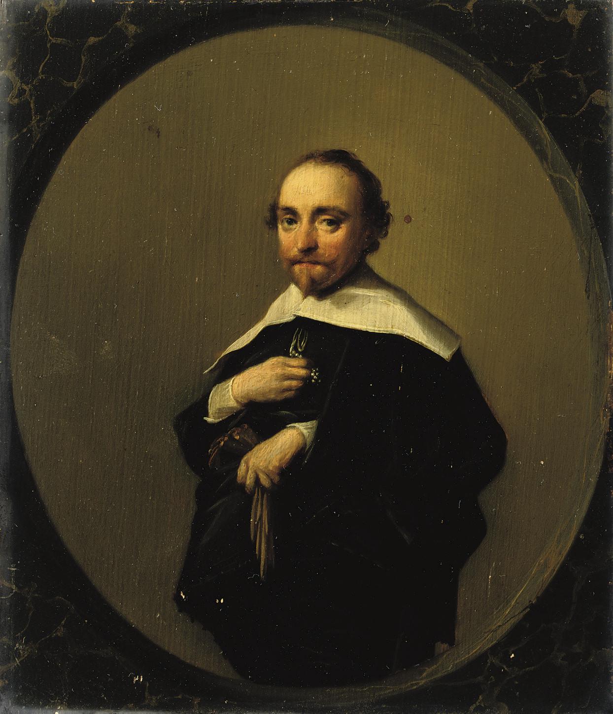 Hendrick Gerritsz. Pot - Portrait of a gentleman, three-quarter-length, in a black costume with a white collar, holding his gloves, in a painted oval