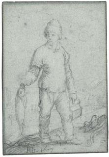 Hendrick Goltzius - A boy holding a fish and a small box, leaving a bay