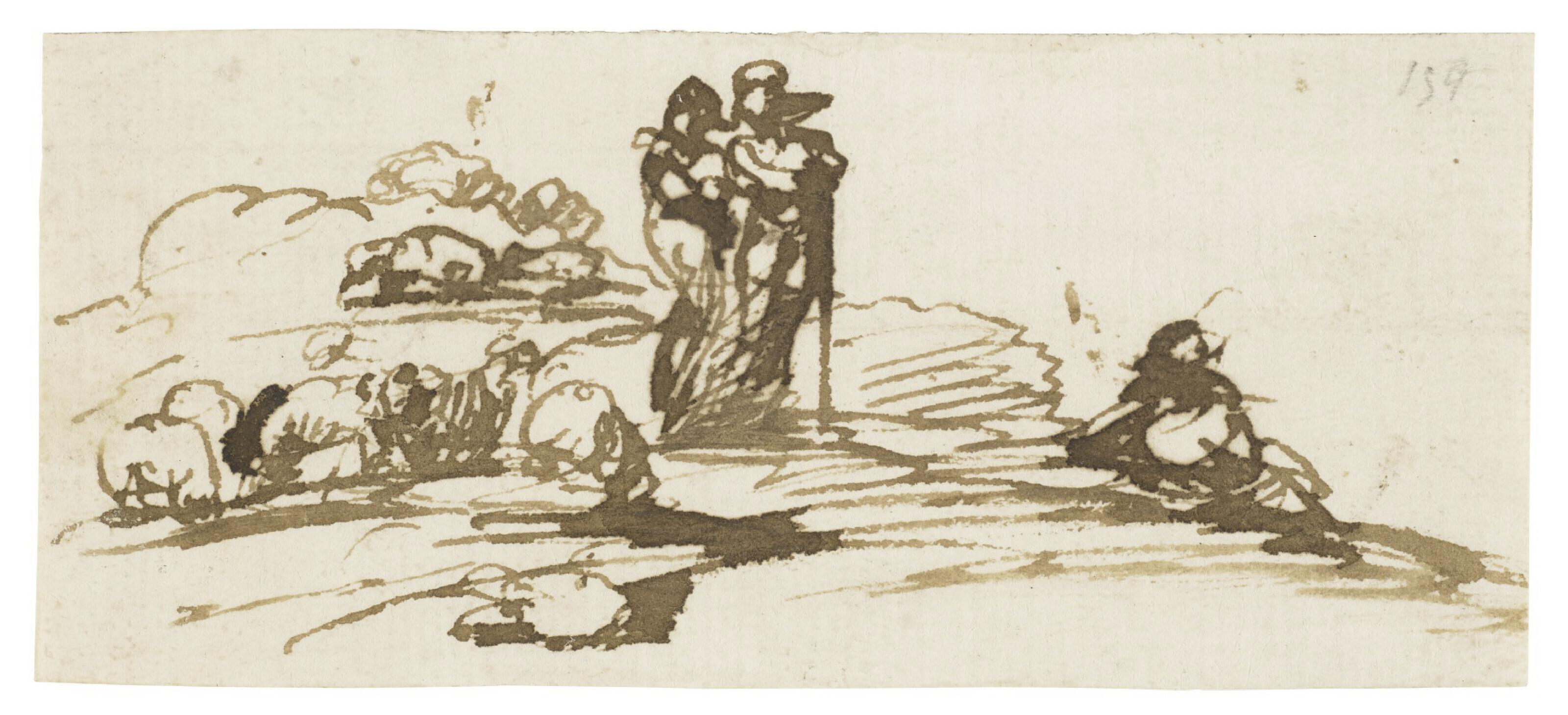 Hendrick Goudt - Three figures on a knoll with sheep