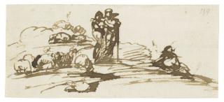 Hendrick Goudt - Three figures on a knoll with sheep