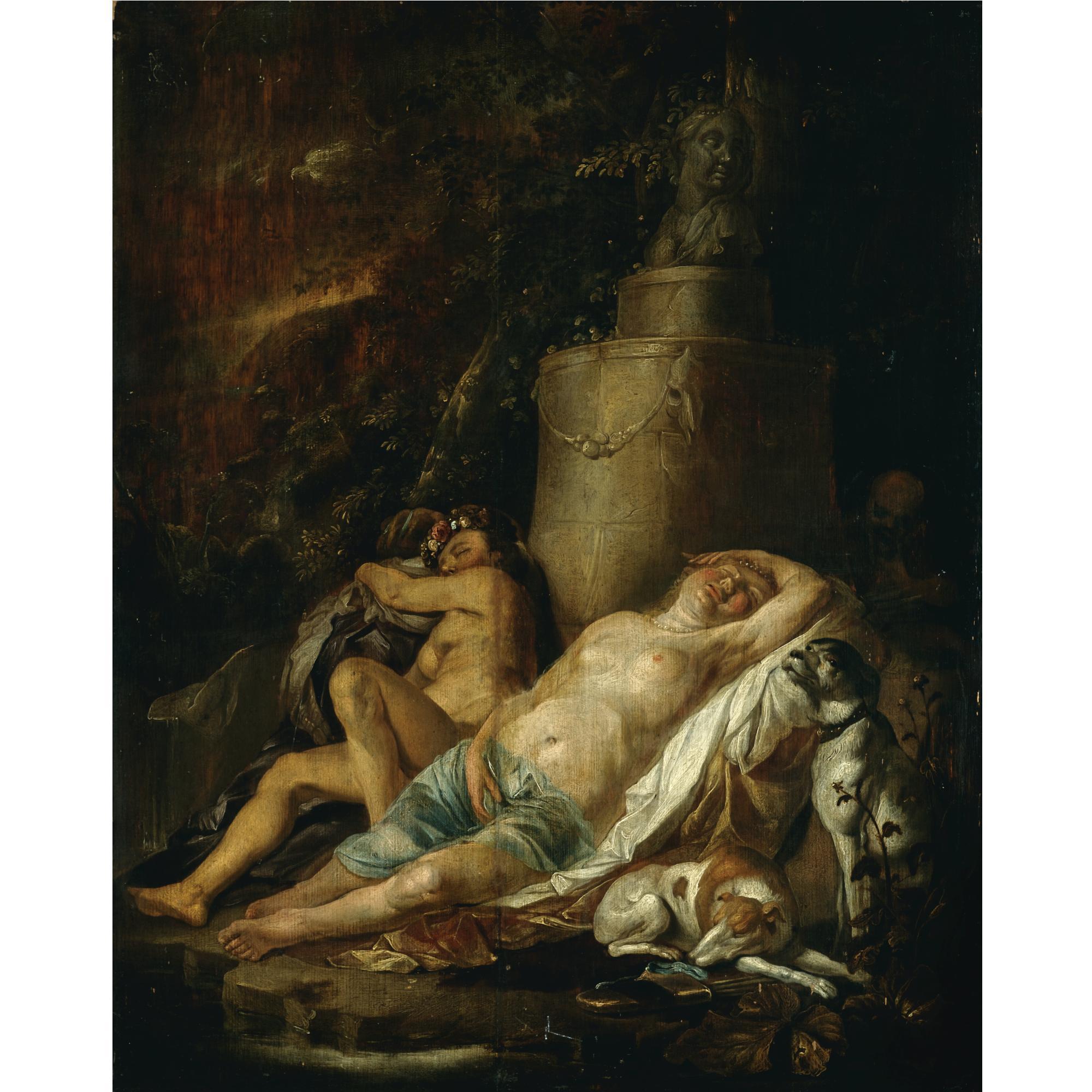 Hendrick Heerschop - Diana And Her Nymphs Resting After The Hunt, Spied On By A Satyr