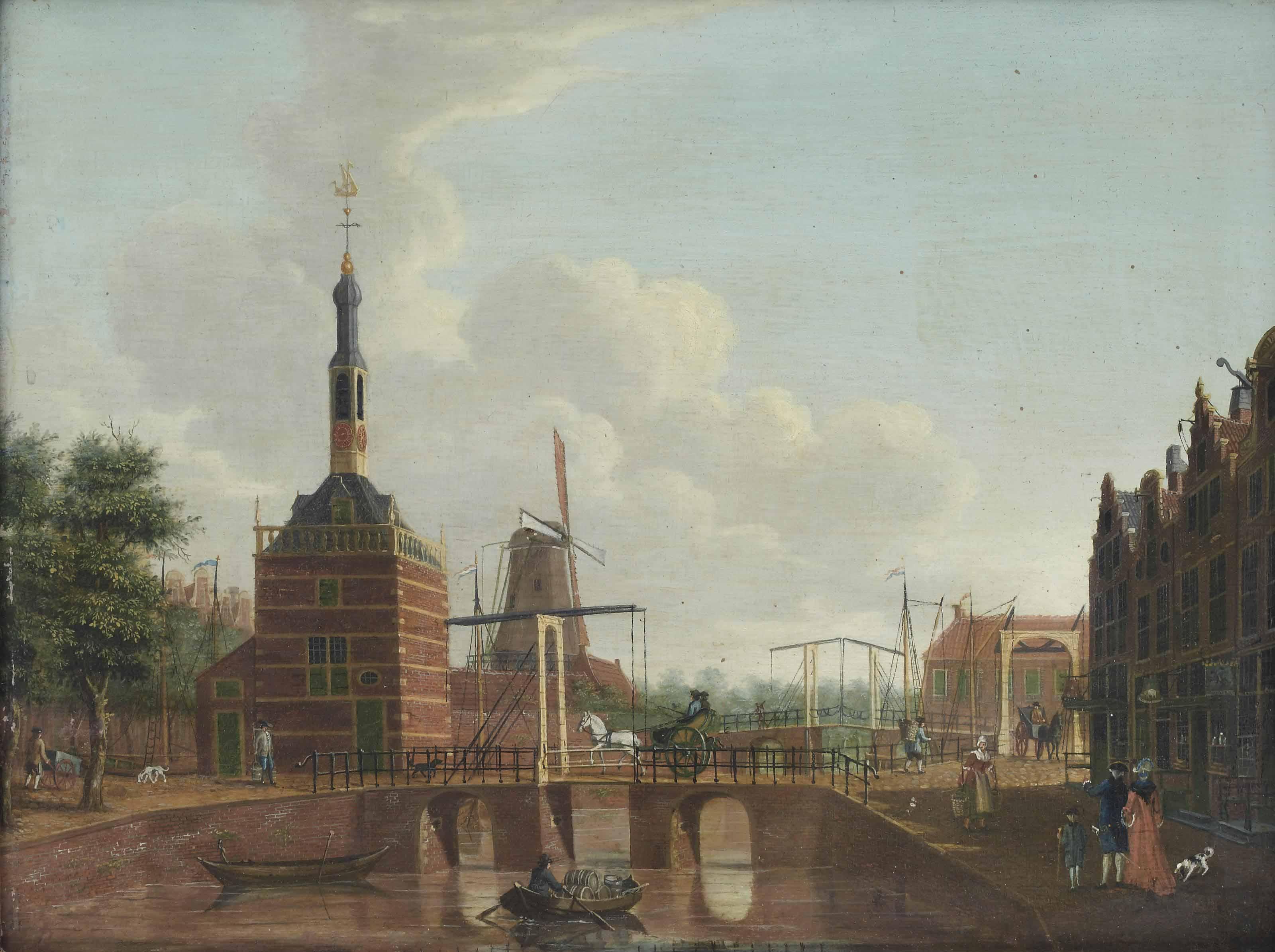 Hendrick Keun - A view of a Alkmaar, with the \'Accijnstoren\' on the Bierkade and the mill \'de Bul\', carriages on the bridges and towns folk at their daily activities