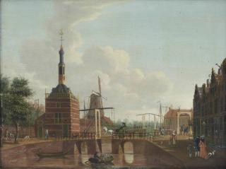 Hendrick Keun - A view of a Alkmaar, with the \'Accijnstoren\' on the Bierkade and the mill \'de Bul\', carriages on the bridges and towns folk at their daily activities