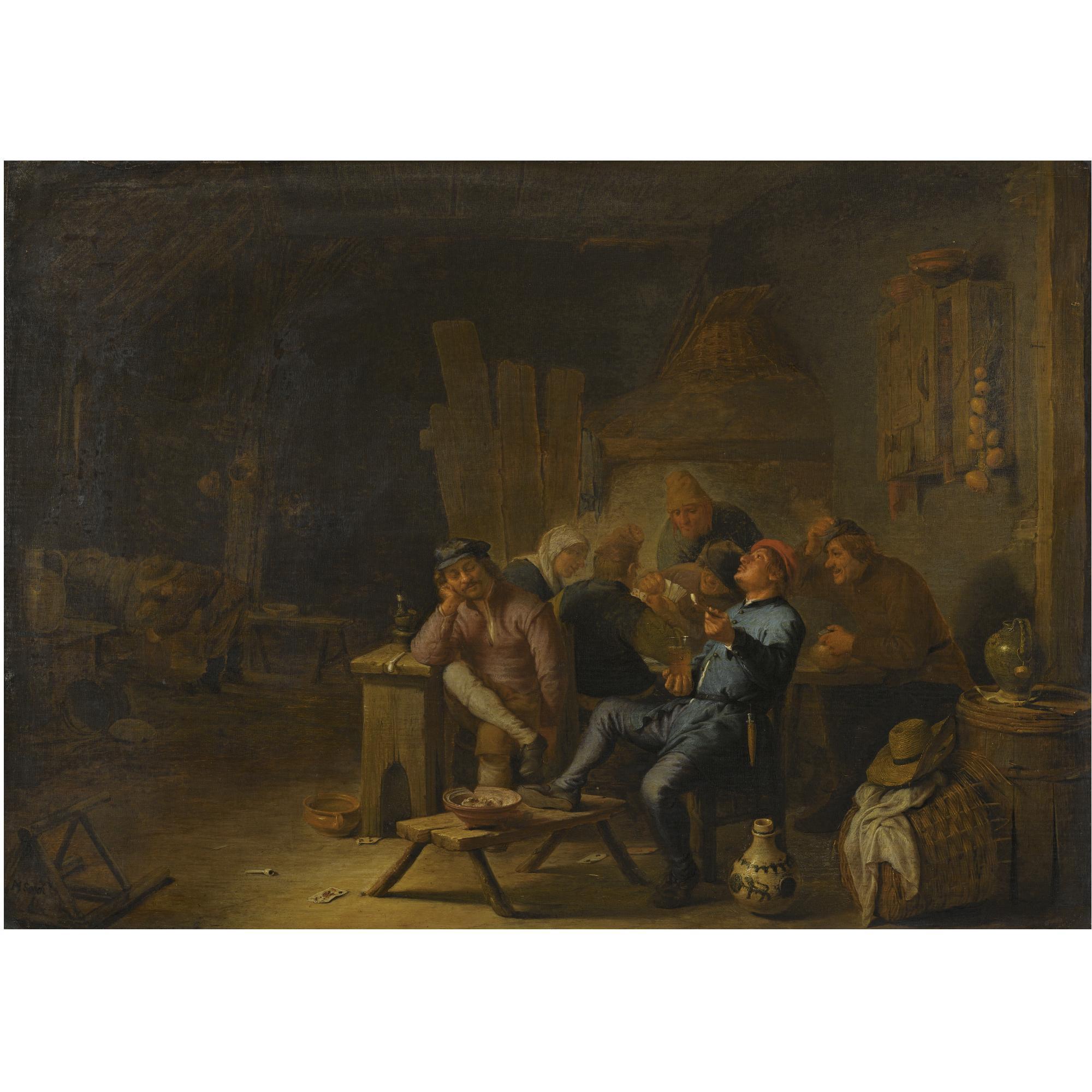 Hendrick Maertensz. Sorgh - A Barn Interior With A Group Of Peasants Playing Cards Around A Table, And Two Men Drinking And Smoking Near A Brazier In The Foreground