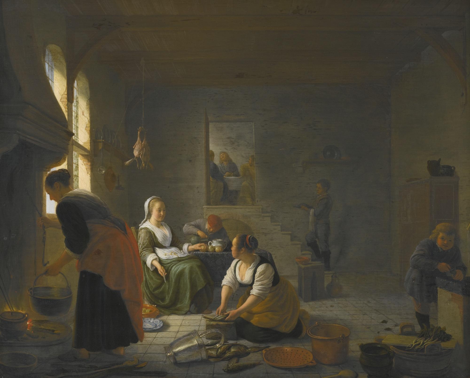 Hendrick Maertensz. Sorgh - A Kitchen Interior With Christ At Emmaus
