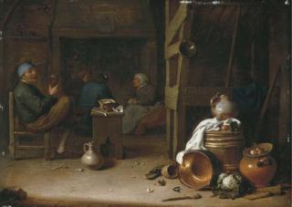 Hendrick Maertensz. Sorgh - The Interior Of An Inn With Peasants Drinking And Conversing Before A Fire